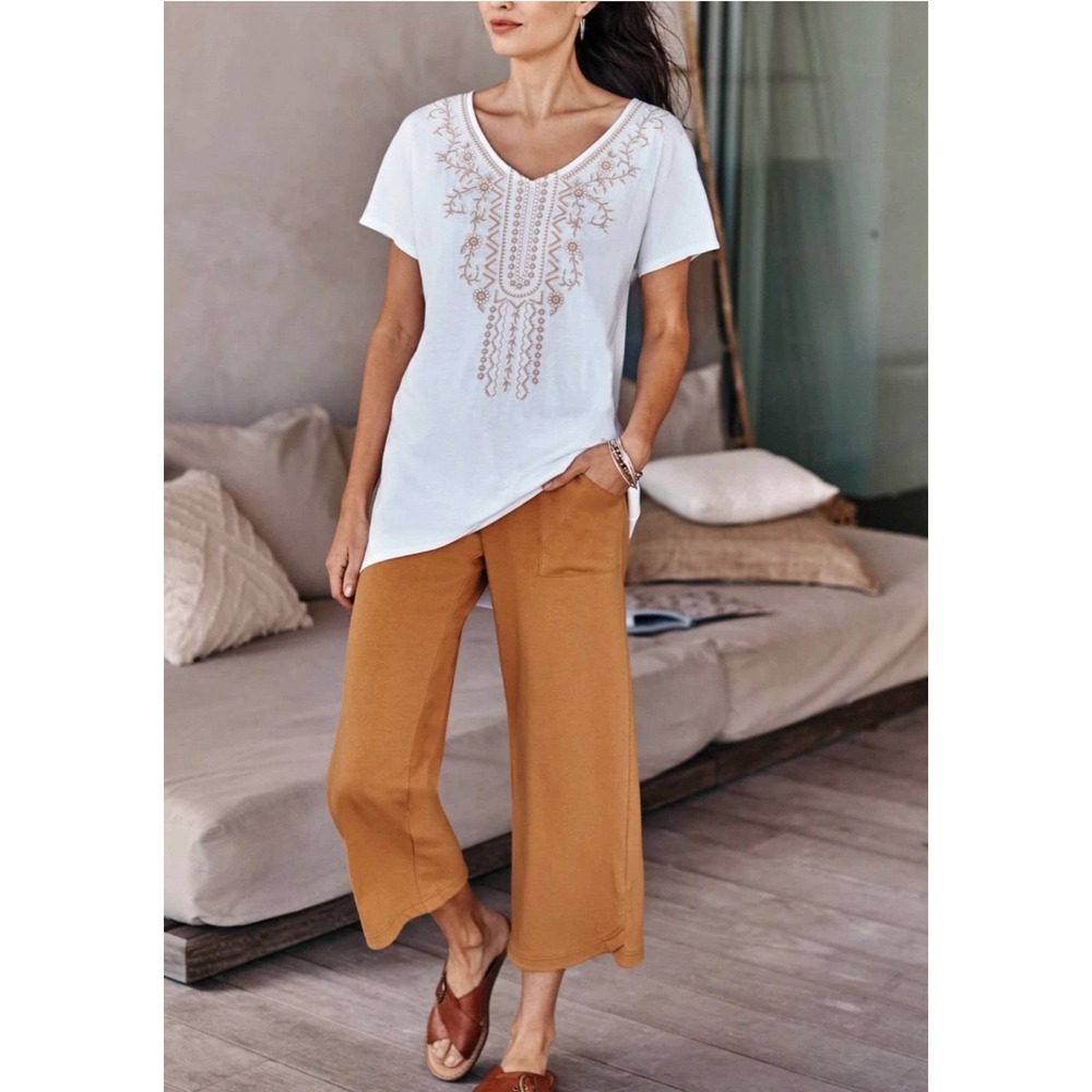 Pure Jill Women Cotton Linen Pants Medium Brown Wide Leg Cropped Tulip Lagenlook